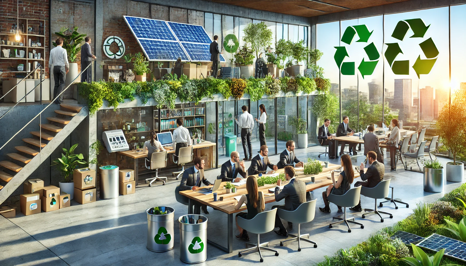 Professionals implementing sustainable business practices in an eco-friendly office environment with solar panels and recycling bins.