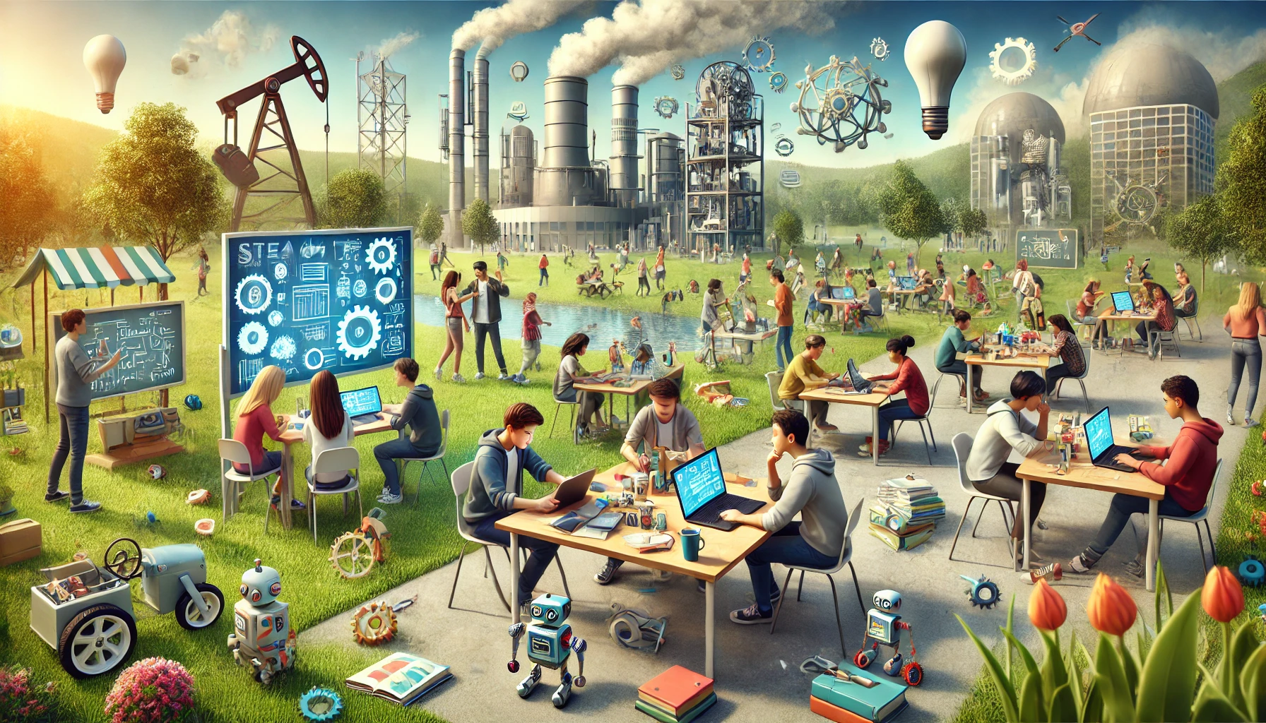 Students engaging in various outdoor activities that integrate engineering principles, including robotics, environmental science, and industrial design, with factories and machinery in the background. STEAM's Role in Tackling Global Challenges