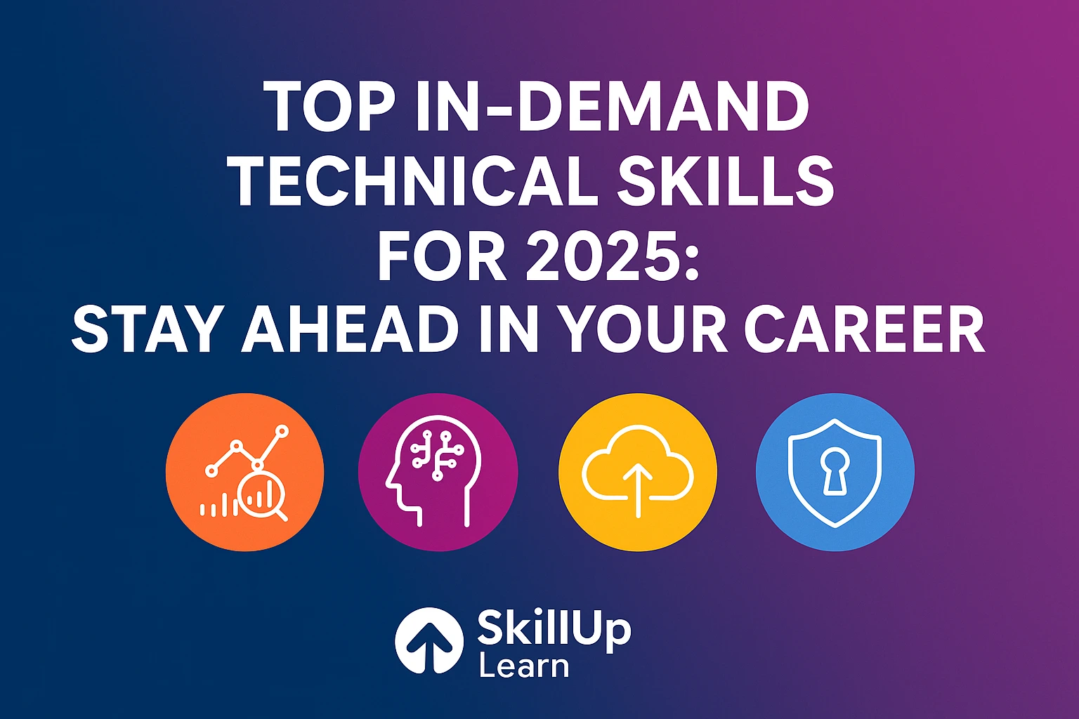 Illustration of icons representing in-demand technical skills for 2025 with gradient background.