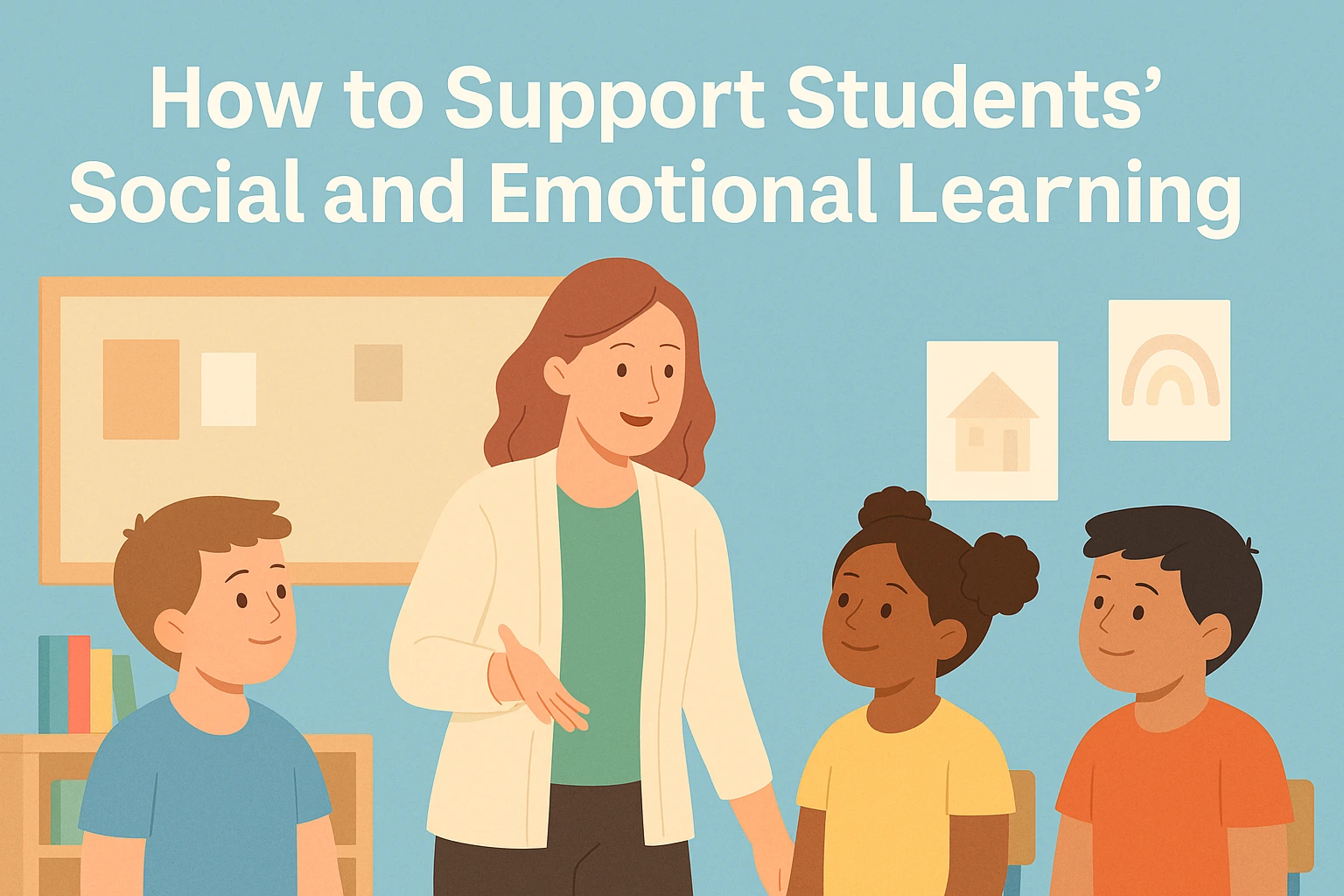 Teacher talking kindly with a diverse group of students, representing social and emotional learning support in the classroom.