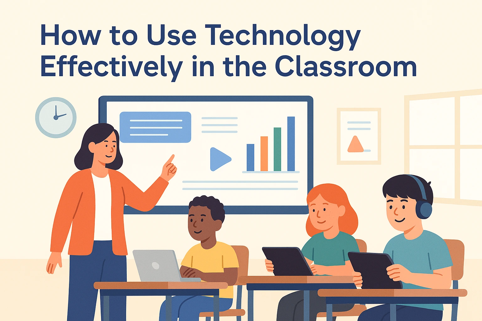 Teacher using interactive technology with students in a modern classroom setting.